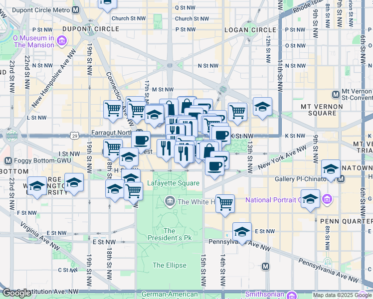 map of restaurants, bars, coffee shops, grocery stores, and more near 1555 I Street Northwest in Washington