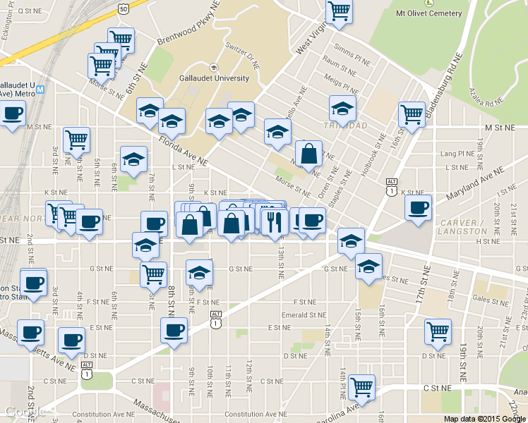 map of restaurants, bars, coffee shops, grocery stores, and more near 1220 I Street Northeast in Washington