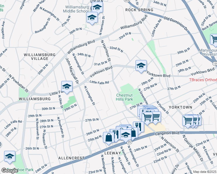 map of restaurants, bars, coffee shops, grocery stores, and more near 2822 North Jefferson Street in Arlington