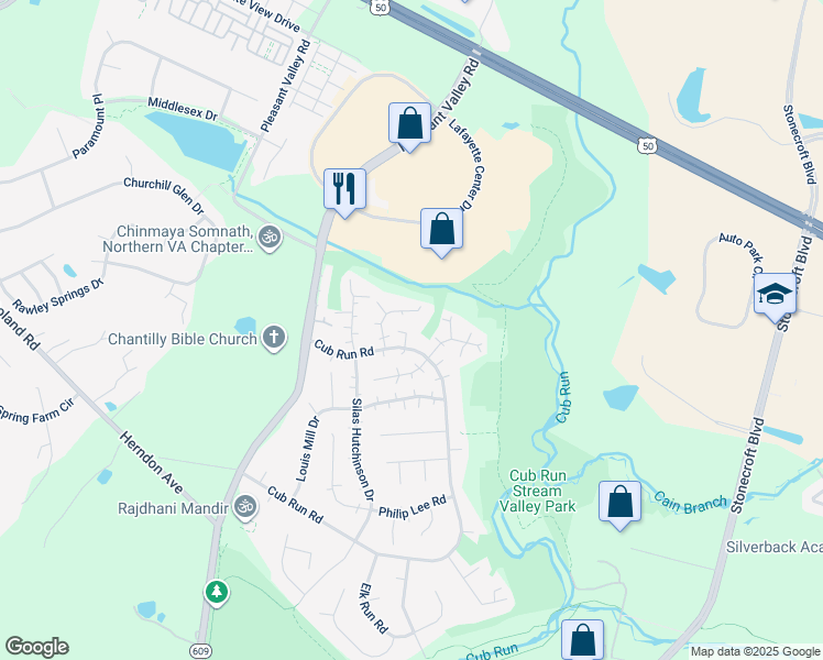 map of restaurants, bars, coffee shops, grocery stores, and more near 4325 Cub Run Road in Chantilly