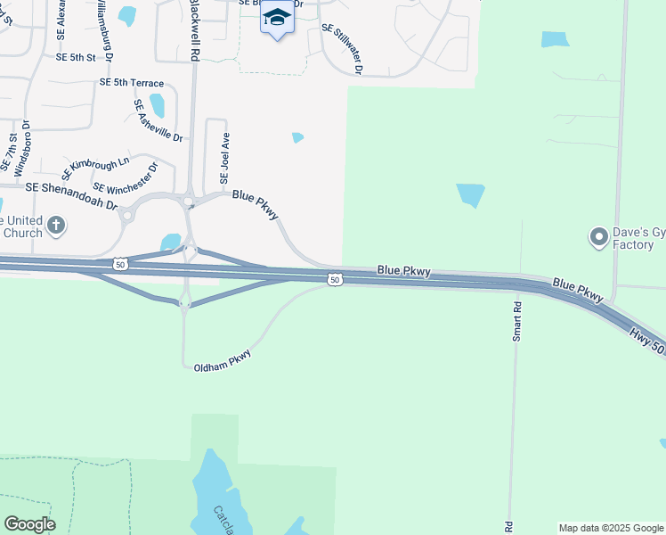 map of restaurants, bars, coffee shops, grocery stores, and more near Blue Parkway in Lee's Summit