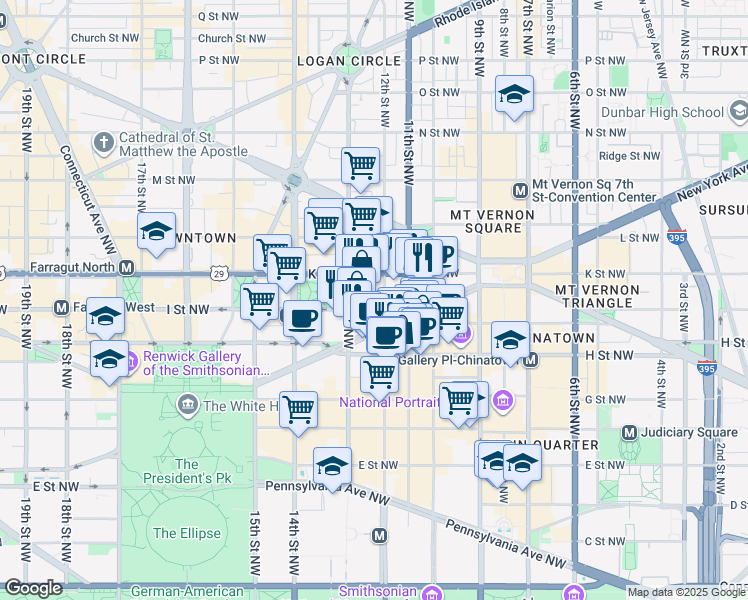 map of restaurants, bars, coffee shops, grocery stores, and more near 1201 I Street Northwest in Washington