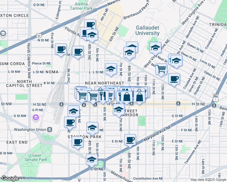 map of restaurants, bars, coffee shops, grocery stores, and more near 630 I Street Northeast in Washington