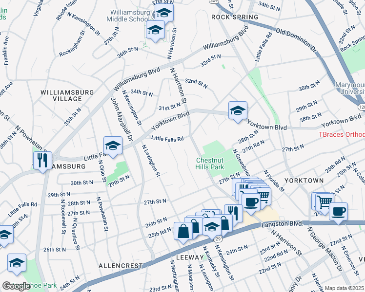 map of restaurants, bars, coffee shops, grocery stores, and more near 2822 North Jefferson Street in Arlington