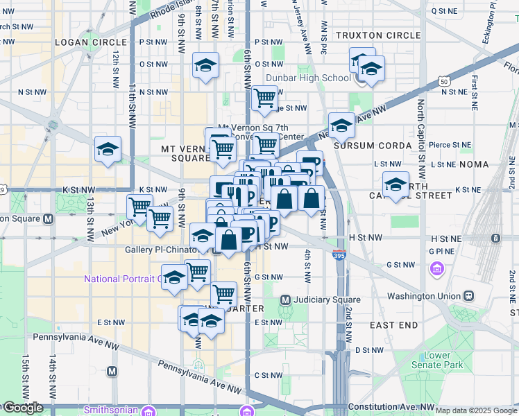 map of restaurants, bars, coffee shops, grocery stores, and more near 555 Massachusetts Avenue Northwest in Washington