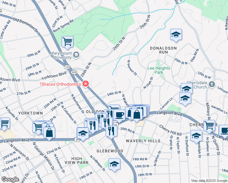 map of restaurants, bars, coffee shops, grocery stores, and more near 4623 24th Street North in Arlington
