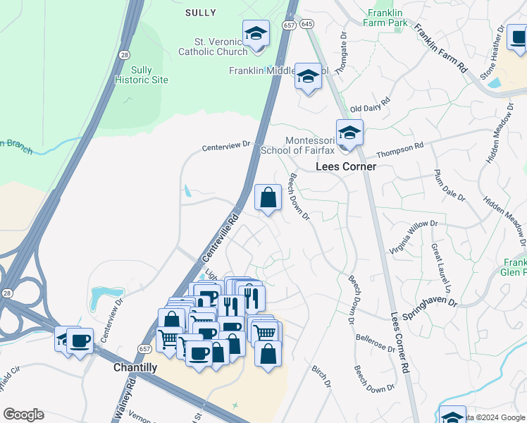 map of restaurants, bars, coffee shops, grocery stores, and more near 3616 Coatesly Drive in Chantilly