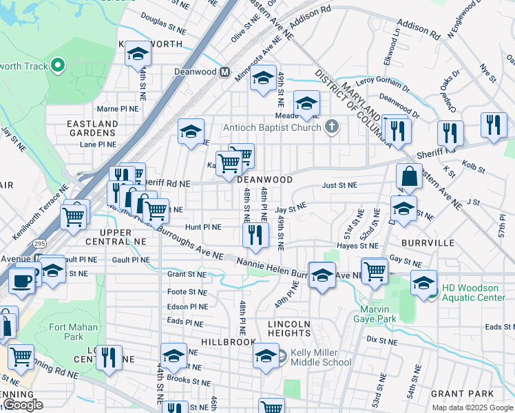 map of restaurants, bars, coffee shops, grocery stores, and more near 4810 Jay Street Northeast in Washington