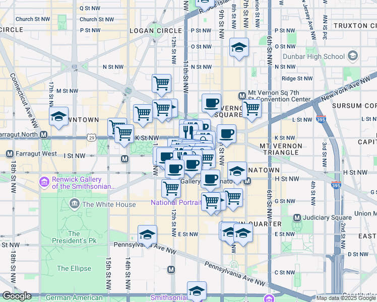 map of restaurants, bars, coffee shops, grocery stores, and more near 1099 New York Avenue Northwest in Washington