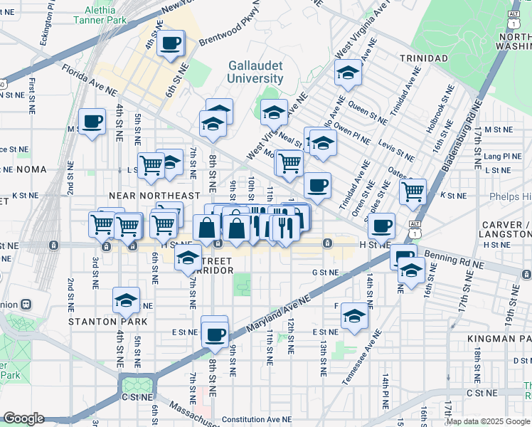 map of restaurants, bars, coffee shops, grocery stores, and more near 101 Independence Avenue Southeast in Washington
