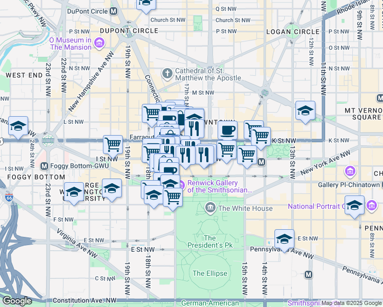map of restaurants, bars, coffee shops, grocery stores, and more near 1220 I Street Northwest in Washington