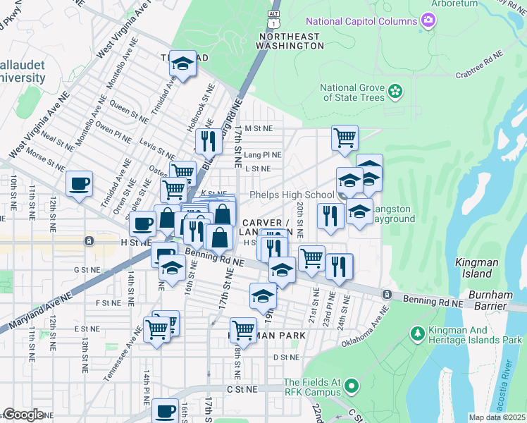 map of restaurants, bars, coffee shops, grocery stores, and more near 101 Independence Avenue Southeast in Washington