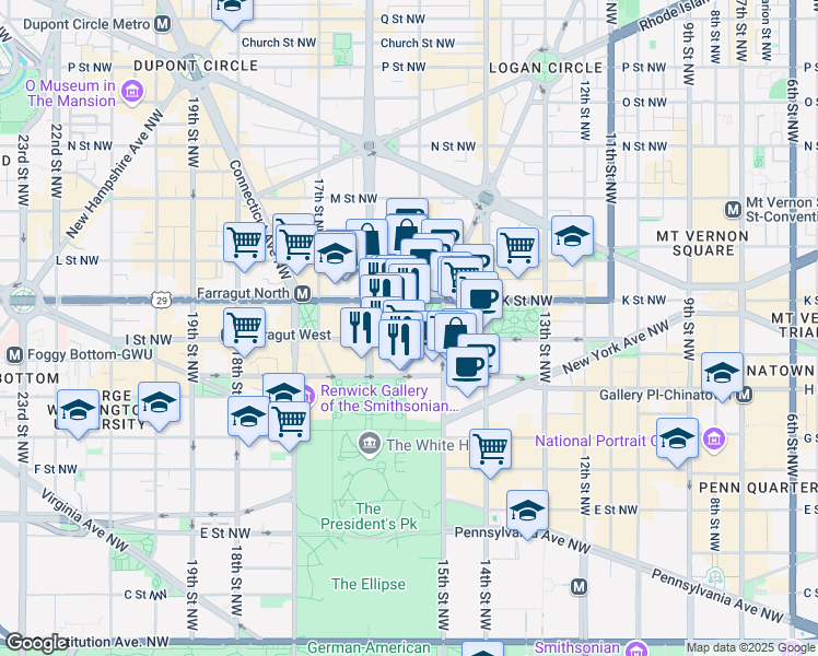 map of restaurants, bars, coffee shops, grocery stores, and more near 910 15th Street Northwest in Washington