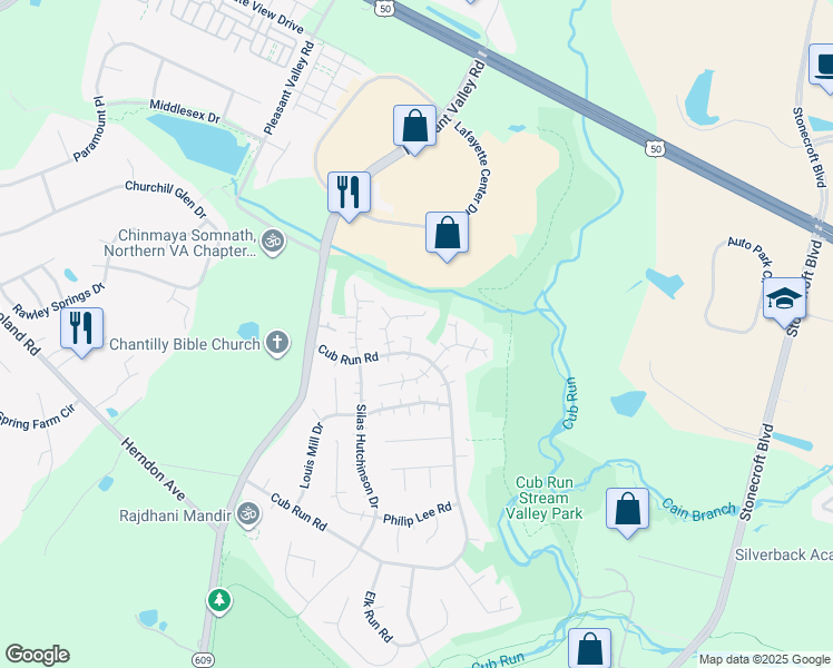 map of restaurants, bars, coffee shops, grocery stores, and more near 4325 Cub Run Road in Chantilly