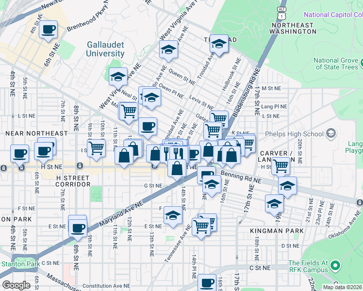map of restaurants, bars, coffee shops, grocery stores, and more near 101 Independence Avenue Southeast in Washington