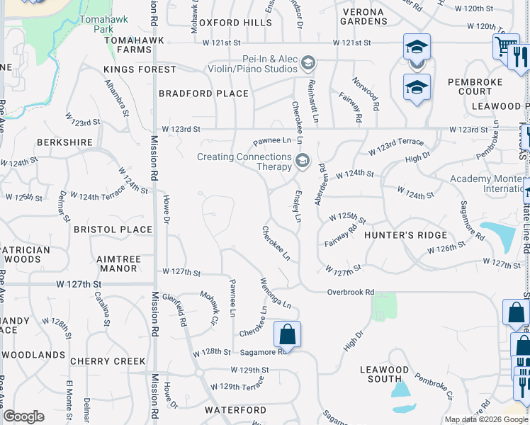 map of restaurants, bars, coffee shops, grocery stores, and more near 12606 Cherokee Lane in Leawood