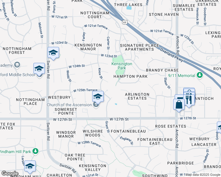 map of restaurants, bars, coffee shops, grocery stores, and more near 12545 Knox Street in Overland Park