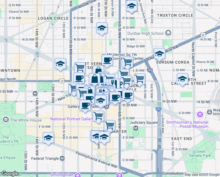 map of restaurants, bars, coffee shops, grocery stores, and more near 650 Massachusetts Avenue Northeast in Washington