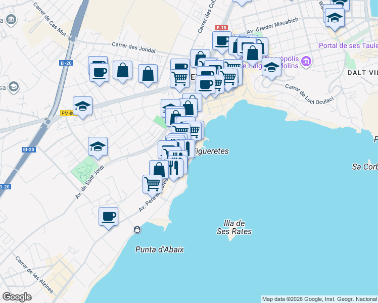 map of restaurants, bars, coffee shops, grocery stores, and more near 8 Carrer de Carles Roman Ferrer in Eivissa