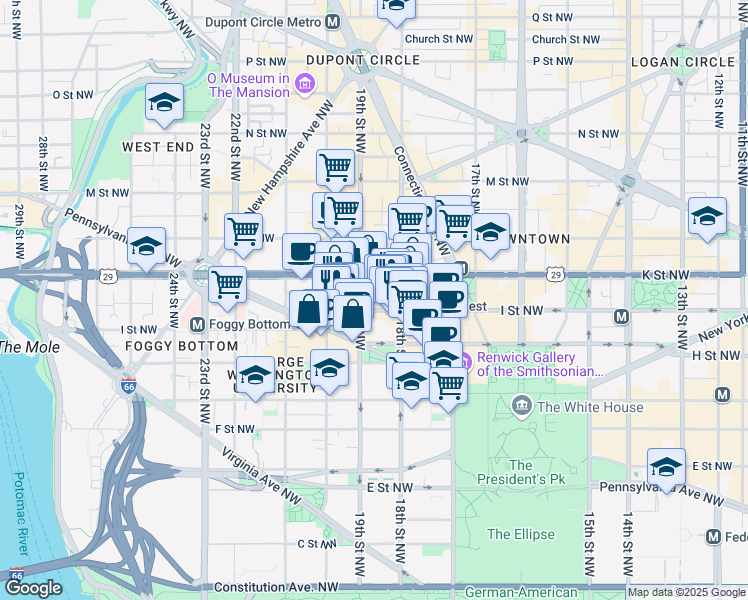 map of restaurants, bars, coffee shops, grocery stores, and more near 1875 I Street Northwest in Washington