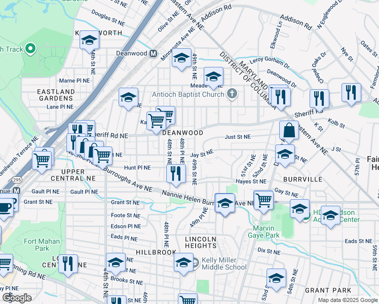 map of restaurants, bars, coffee shops, grocery stores, and more near 4838 Jay Street Northeast in Washington