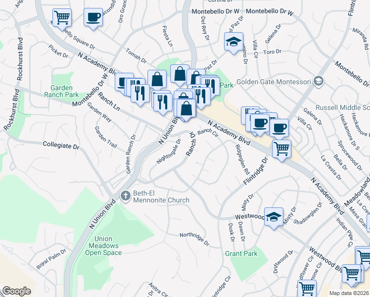 map of restaurants, bars, coffee shops, grocery stores, and more near 4729 Ranch Drive in Colorado Springs