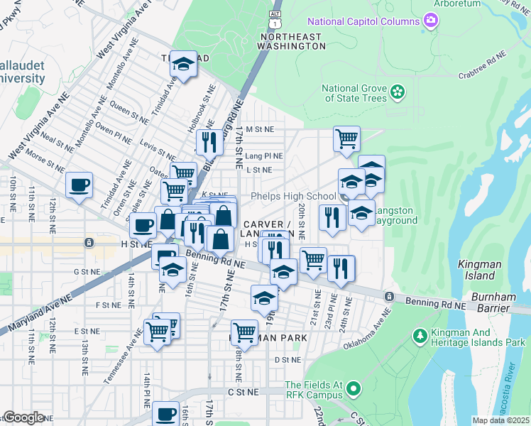 map of restaurants, bars, coffee shops, grocery stores, and more near 101 Independence Avenue Southeast in Washington