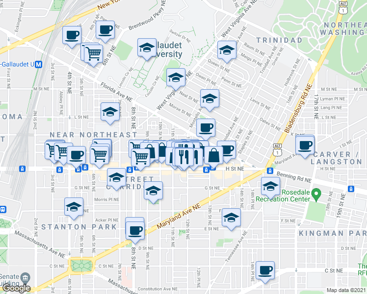 map of restaurants, bars, coffee shops, grocery stores, and more near 101 Independence Avenue Southeast in Washington