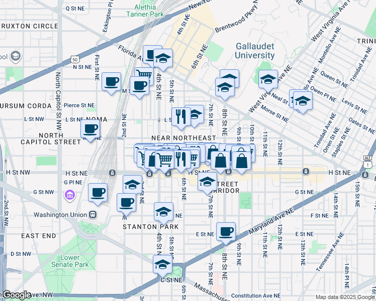 map of restaurants, bars, coffee shops, grocery stores, and more near 101 Independence Avenue Southeast in Washington