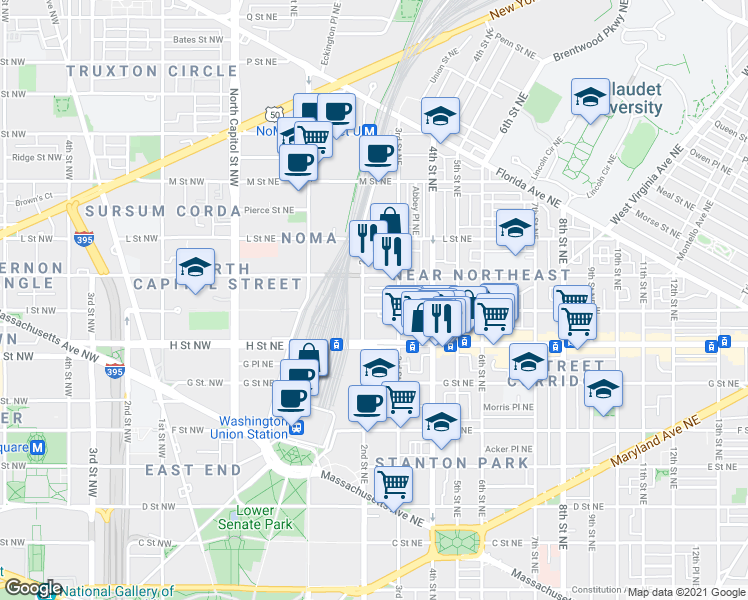 map of restaurants, bars, coffee shops, grocery stores, and more near 101 Independence Avenue Southeast in Washington