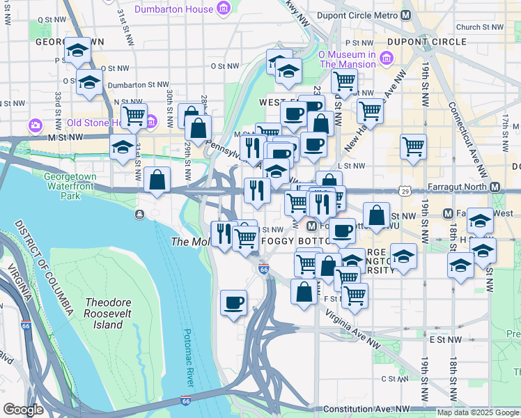 map of restaurants, bars, coffee shops, grocery stores, and more near 101 Independence Avenue Southeast in Washington