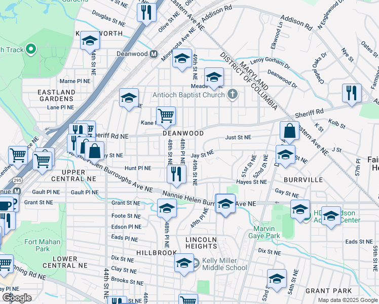 map of restaurants, bars, coffee shops, grocery stores, and more near 4838 Jay Street Northeast in Washington