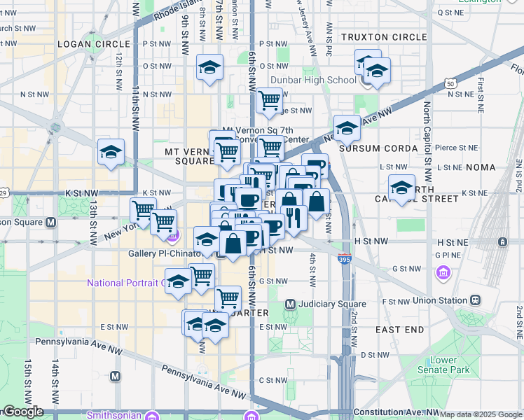 map of restaurants, bars, coffee shops, grocery stores, and more near 555 Massachusetts Avenue Northwest in Washington