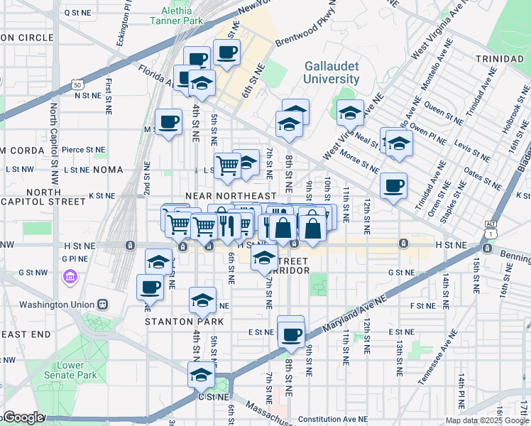 map of restaurants, bars, coffee shops, grocery stores, and more near 910 7th Street Northeast in Washington