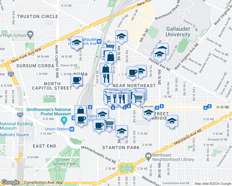 map of restaurants, bars, coffee shops, grocery stores, and more near 318 I Street Northeast in Washington