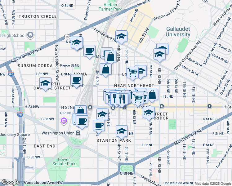map of restaurants, bars, coffee shops, grocery stores, and more near 101 Independence Avenue Southeast in Washington