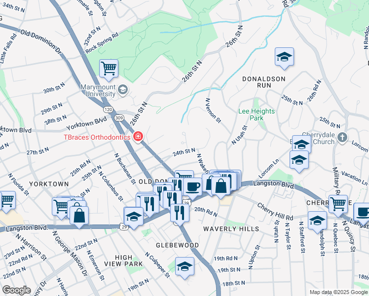 map of restaurants, bars, coffee shops, grocery stores, and more near 4623 24th Street North in Arlington