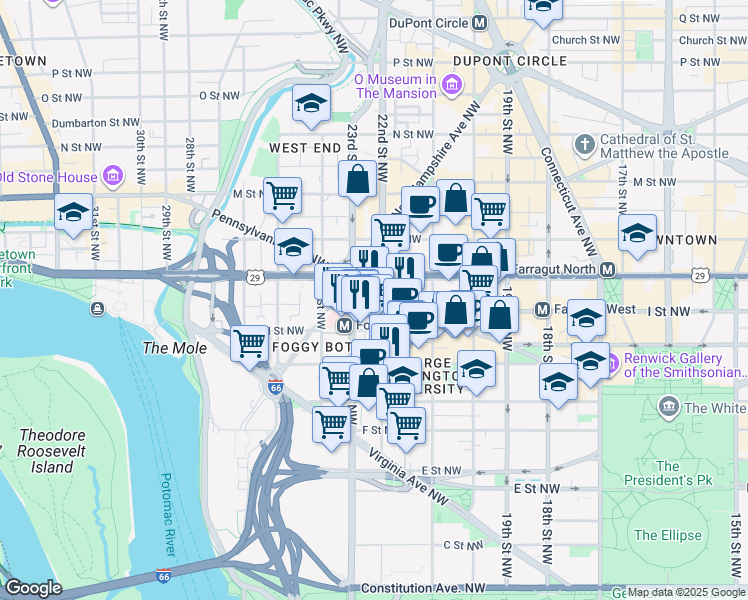 map of restaurants, bars, coffee shops, grocery stores, and more near 2200 Pennsylvania Avenue Northwest in Washington