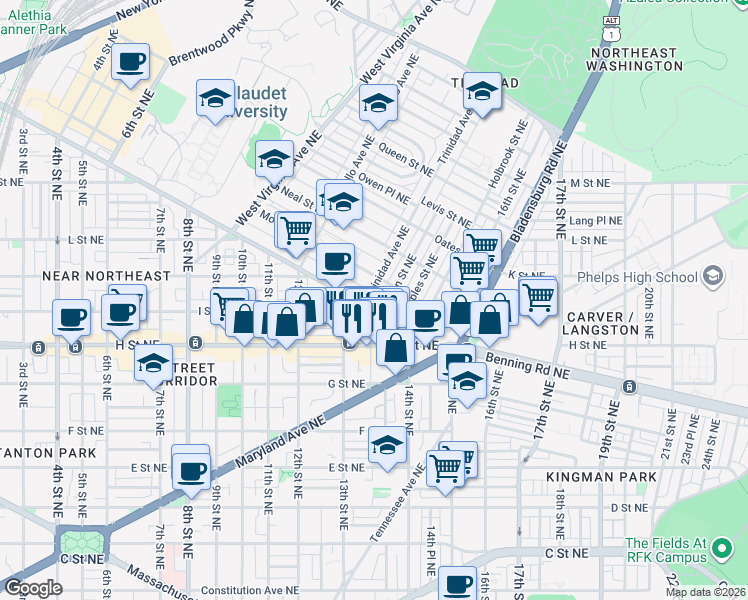 map of restaurants, bars, coffee shops, grocery stores, and more near 101 Independence Avenue Southeast in Washington