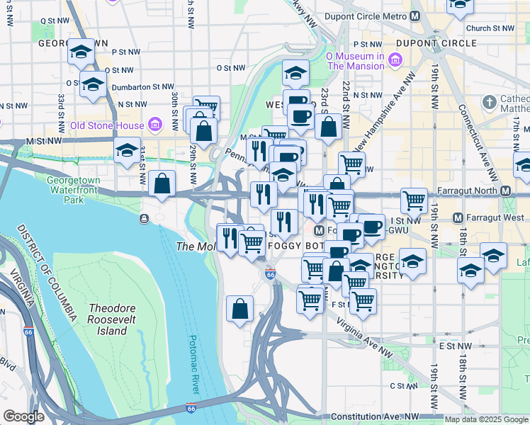 map of restaurants, bars, coffee shops, grocery stores, and more near 940 25th Street Northwest in Washington