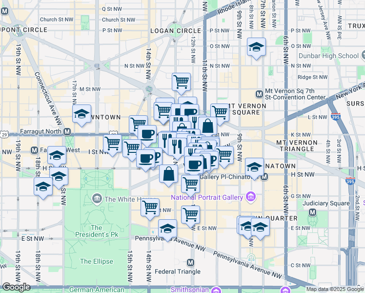 map of restaurants, bars, coffee shops, grocery stores, and more near 1225 I Street Northwest in Washington