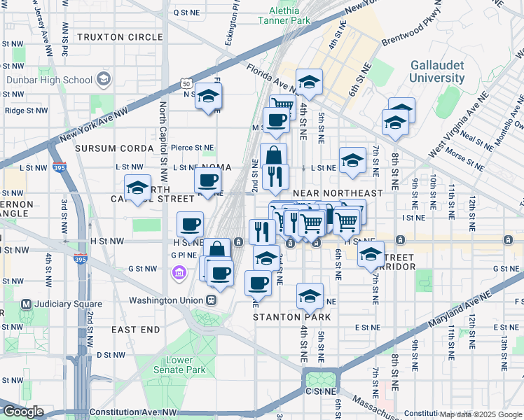 map of restaurants, bars, coffee shops, grocery stores, and more near 911 2nd Street Northeast in Washington
