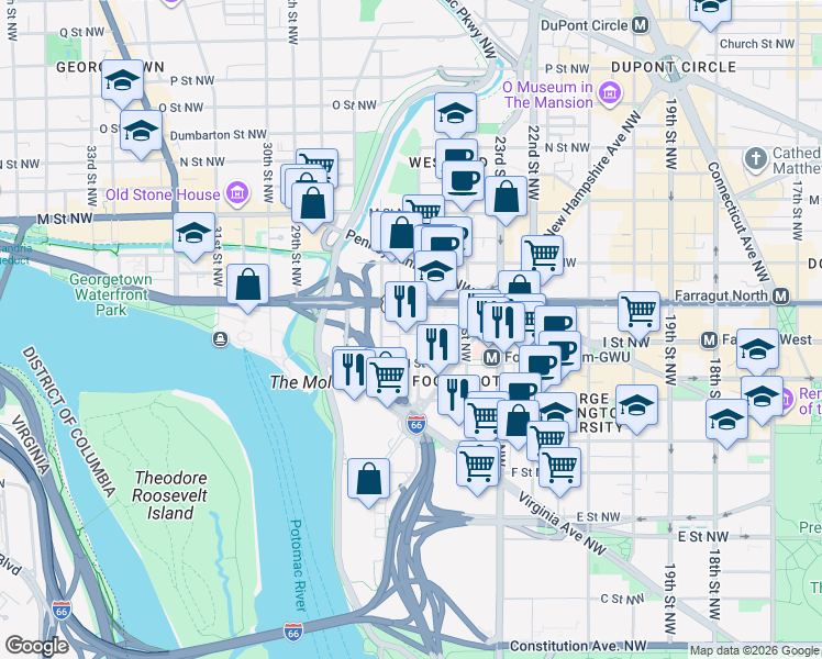 map of restaurants, bars, coffee shops, grocery stores, and more near 101 Independence Avenue Southeast in Washington