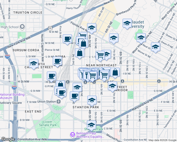 map of restaurants, bars, coffee shops, grocery stores, and more near 101 Independence Avenue Southeast in Washington