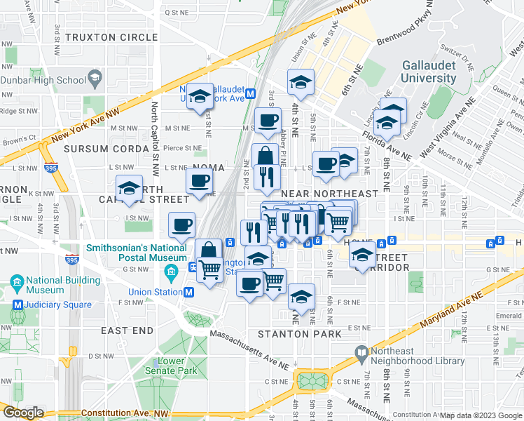 map of restaurants, bars, coffee shops, grocery stores, and more near 225 Parker Street Northeast in Washington