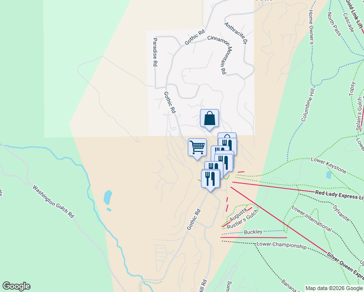 map of restaurants, bars, coffee shops, grocery stores, and more near 20 Marcellina Lane in Crested Butte
