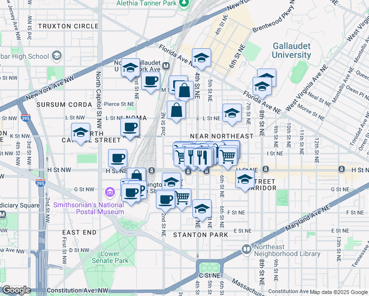 map of restaurants, bars, coffee shops, grocery stores, and more near 907 3rd Street Northeast in Washington