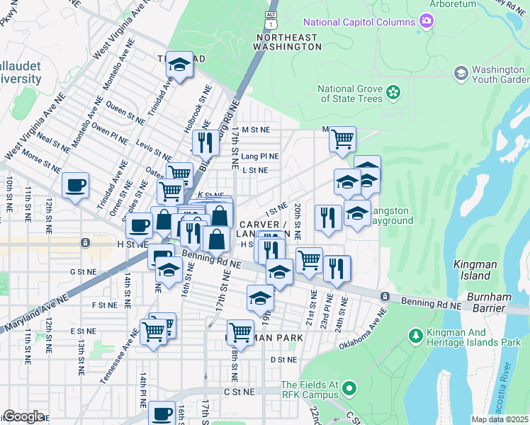 map of restaurants, bars, coffee shops, grocery stores, and more near 101 Independence Avenue Southeast in Washington