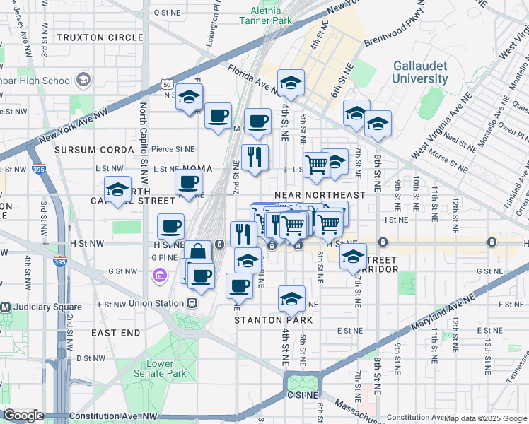 map of restaurants, bars, coffee shops, grocery stores, and more near 907 3rd Street Northeast in Washington