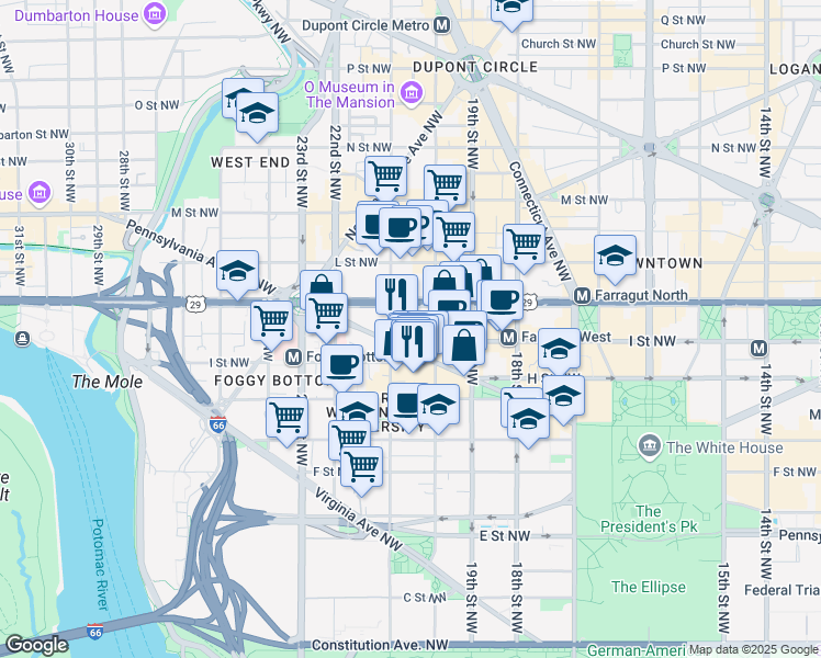 map of restaurants, bars, coffee shops, grocery stores, and more near 2017 I Street Northwest in Washington
